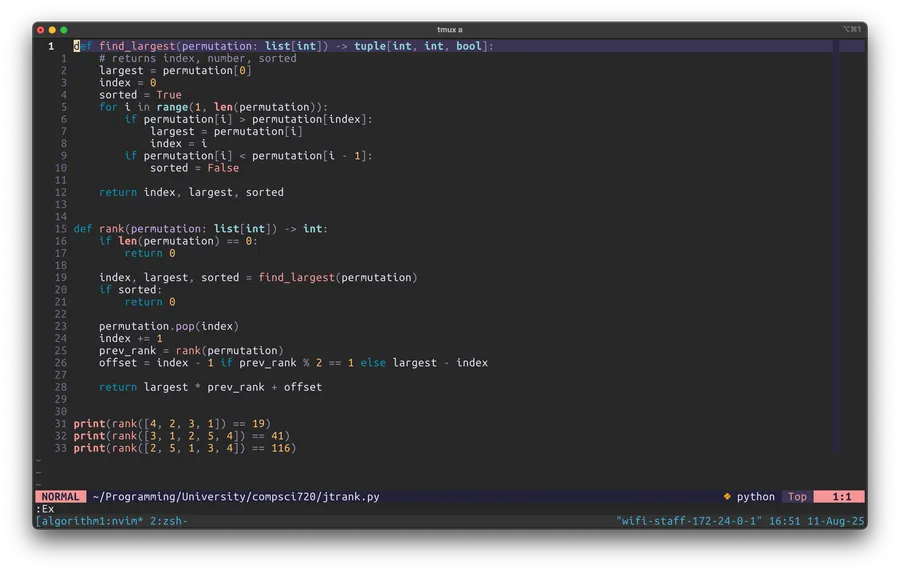 Neovim editing a Python file inside a tmux session